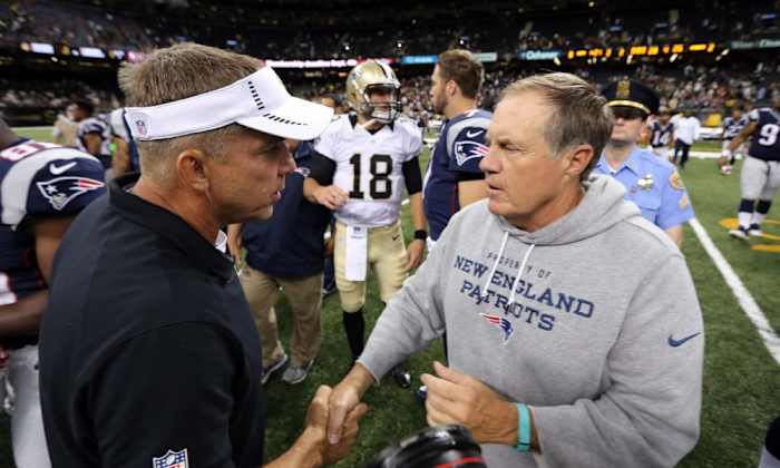 Saints coach Sean Payton (left) and Patriots coach Bill Belichick (right). Credit: Patriots Wire - USA TODAY